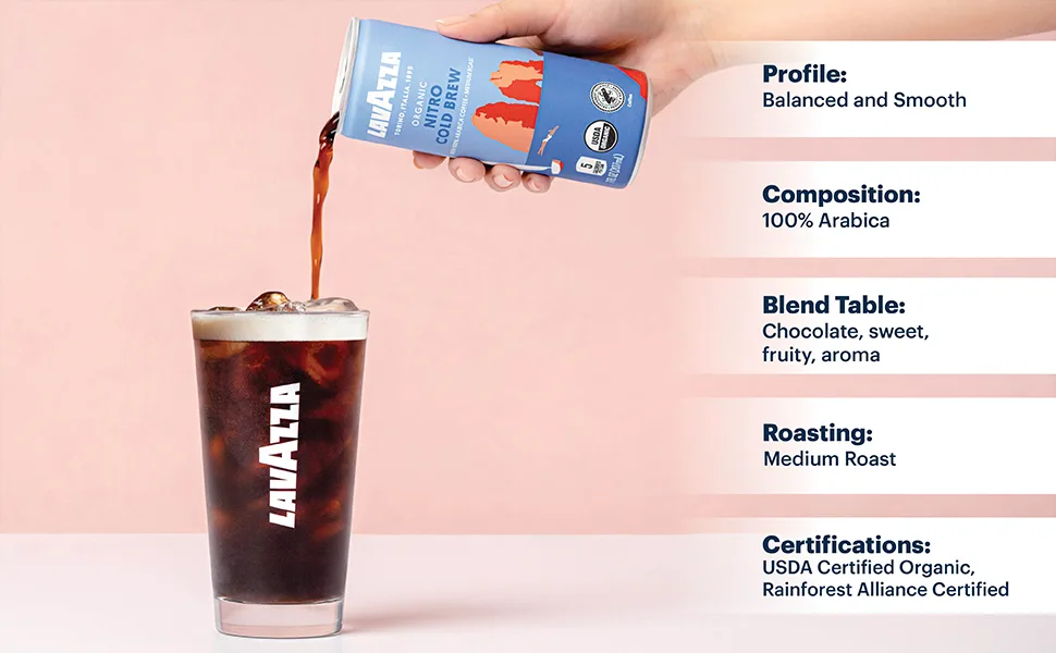 Lavazza medium roast Organic Nitro Cold Brew Coffee, (Pack of 4 Cans / 7 Fluid Ounce Each) Nitro Cold Brew 8 Fl Oz (Pack of 4) - Lavazza Nitro Cold Brew