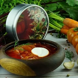 Classic Red Ukrainian Borscht - Soup Mix with Beets - Traditional Recipe - Add Broth and Simmer 20 min - 6 servings - Packaged Classic Red Ukrainian Borscht Kit and cooked red borscht in a bowl