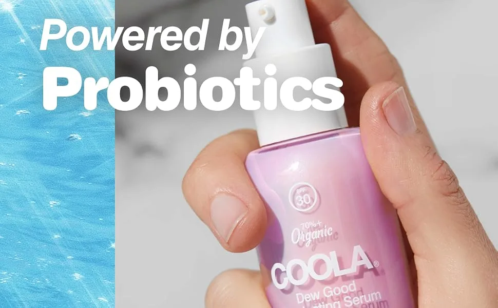 COOLA Organic Dew Good Illuminating Probiotic Serum with SPF 30, Dermatologist Tested Sunscreen with Plant-Derived BlueScreen Digital De-Stress Technology, 1.15 Fl Oz - Dew Good serum, sunscreen for sensitive skin