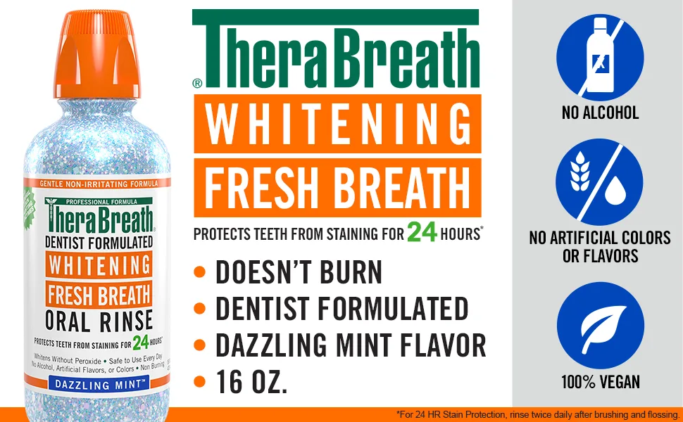 TheraBreath Whitening Fresh Breath Oral Rinse, Dazzling Mint, 16 Ounce (Pack of 2) - TheraBreath