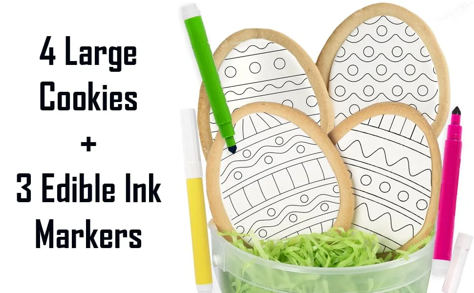 Easter Egg Cookie Decorating Kit Basket Gift For Kids Activity | 4 Jumbo Egg Coloring Cookies + 3 Edible Markers | Coloring Arts and Craft project Easter 1 - 4 cookies + 3 markers in a bucket for kids and adults