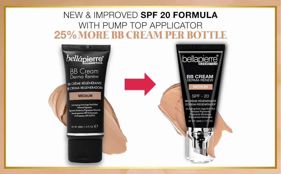 bellapierre BB Cream with SPF 20 - Tinted Sunscreen, Concealer, Foundation, & Moisturizing Face Cream | New & Improved Formula + Pump Top Applicator | Non-Toxic & Paraben Free | 1.7 Oz - Medium Cool - bellapierre derma renew bb cream