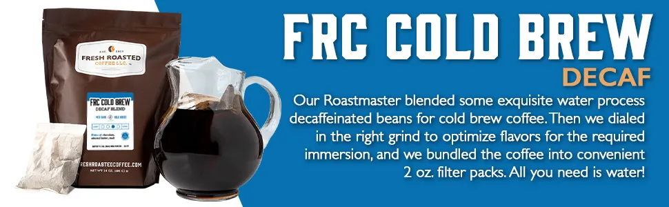 Fresh Roasted Coffee, FRC Decaf Cold Brew Filter Packs, Med-Dark Roast, 12 Count - FRC Cold Brew Decaf Filter Packs banner