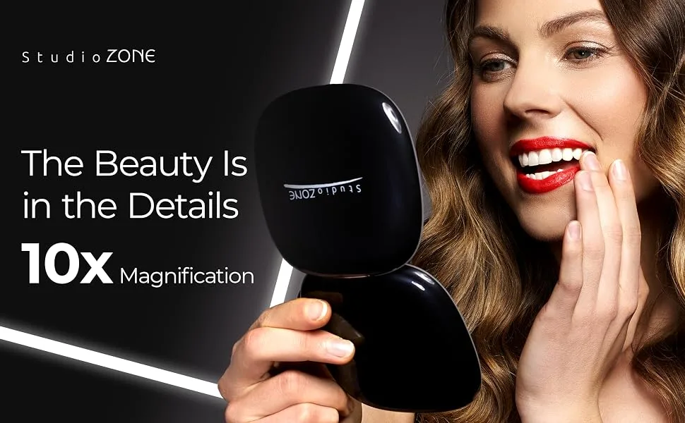 StudioZONE Compact Mirror with Light  Travel Magnifying Mirror - 10X Magnifying Mirror for Purses  USB Rechargeable with 3 Color LED Compact Mirror with Light Up & Dimmer Option - compact mirror with light