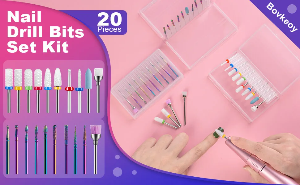 20Pcs Nail Drill Bits, Bovkeoy 3/32 Inch Drill Bits for Nail Drill E-File, Professional Diamond Carbide Nail Drill Bits Set and Ceramic Nail Drill Bits Set for Acrylic Gel Nails, Home Salon 20 PCS Nail Drill Bits - nail drill bits A+ first