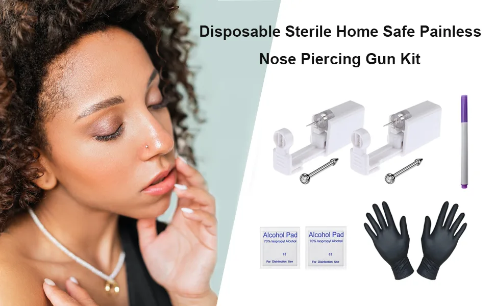 2 Pcs Nose Piercing Kit - Disposable Sterile Home Self Nose Piercing Gun, Safe Painless Nose Stud Piercing Kit Tool with 2mm Stainless Steel Nose Pin (White Crystal) - Nose Piercing Gun