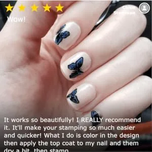 Maniology Sticky Base Coat for Reverse Stamping Nail Art Powder Glitters Foils, Adhering Base Coat - sample end result of using sticky base coat