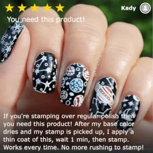 Maniology Sticky Base Coat for Reverse Stamping Nail Art Powder Glitters Foils, Adhering Base Coat - sample end result of using sticky base coat in reverse stamping