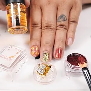 Maniology Sticky Base Coat for Reverse Stamping Nail Art Powder Glitters Foils, Adhering Base Coat - sample use of sticky base coat