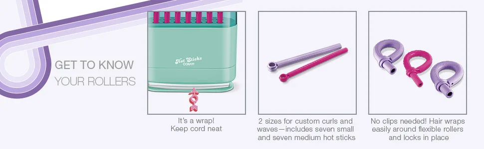 Conair HOT STICKS, Silicone Hot Roller Set with 7 Small and 7 Medium Rollers, No Clips Needed - Includes 14 flexible silicone hot sticks in 2 sizes for custom curls and waves