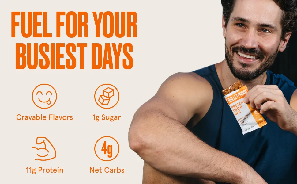Bulletproof Protein Crisp Bars, Peanut Butter Chocolate Chip, 12 Pack, High Protein, Low Sugar - Fuel for your busiest days