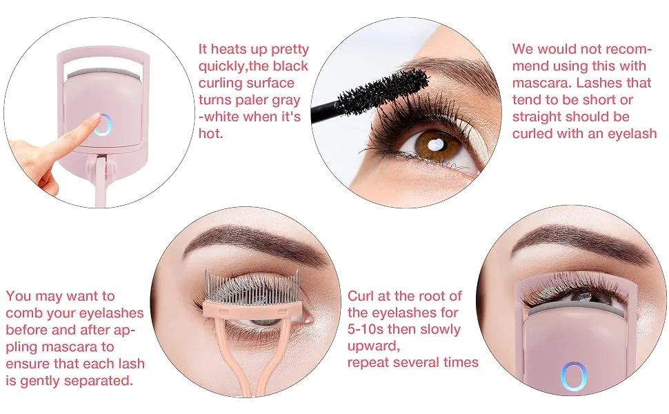 Heated Eyelash Curler, Electric Eyelash Curlers, USB Rechargeable Eye Lash Curler with Comb, 2 Heating Modes Quick Natural Curling Eye Lashes for Long Lasting - eyelash curler