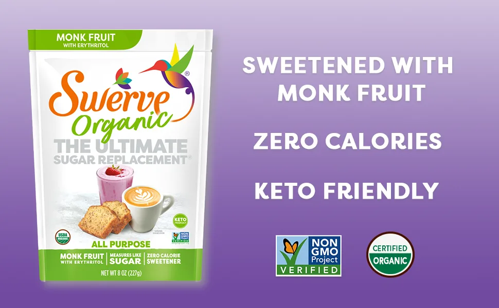 Swerve Organic Monk Fruit All-Purpose Granular Sugar Replacement Sweetener, 8 Ounce Bag (Pack of 2) - Swerve