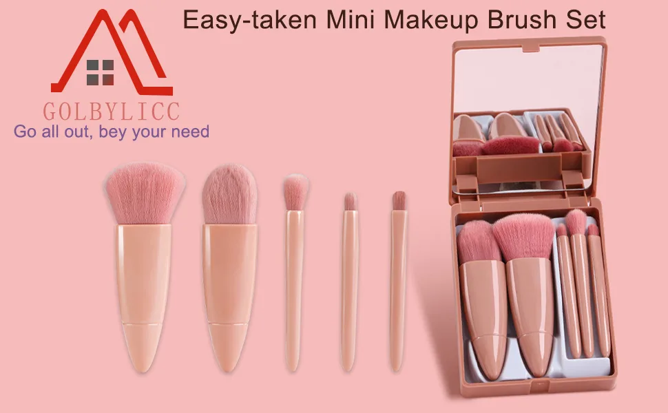 Golbylicc Travel Size Makeup Brushes Set Mini Makeup Brushes, Small Complete Function Cosmetic Brushes Kit with Case and Mirror Perfect for On The Go, 5PC (Mini Pink) Mini, Pink - Mini makeup brushes set
