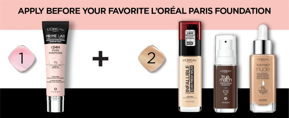 L'Oreal Paris Prime Lab Up to 24H Pore Minimizer Face Primer Infused with AHA, LHA, BHA Complex to Smooth and Extend Makeup Wear, 1.01 Fl Oz - apply before your favorite l