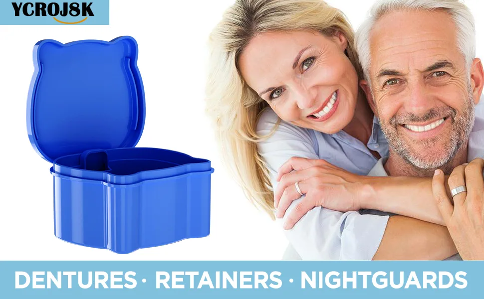 Denture Case, Denture Cup With Strainer For Dentures, Retainers, Night Guard & Mouth Guard, Retainer Case, Portable Denture Bath For Traveling & Daily Cleaning (Blue) - denture bath