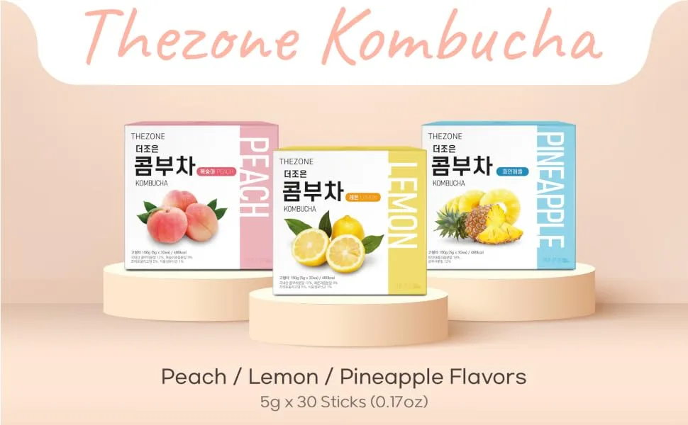Thezone Kombucha Powdered Peach Flavor, Probiotics and Prebiotics 16kcal Tea, 5g x 30 Stick Packets, (150g/5.29oz)  - product information 1