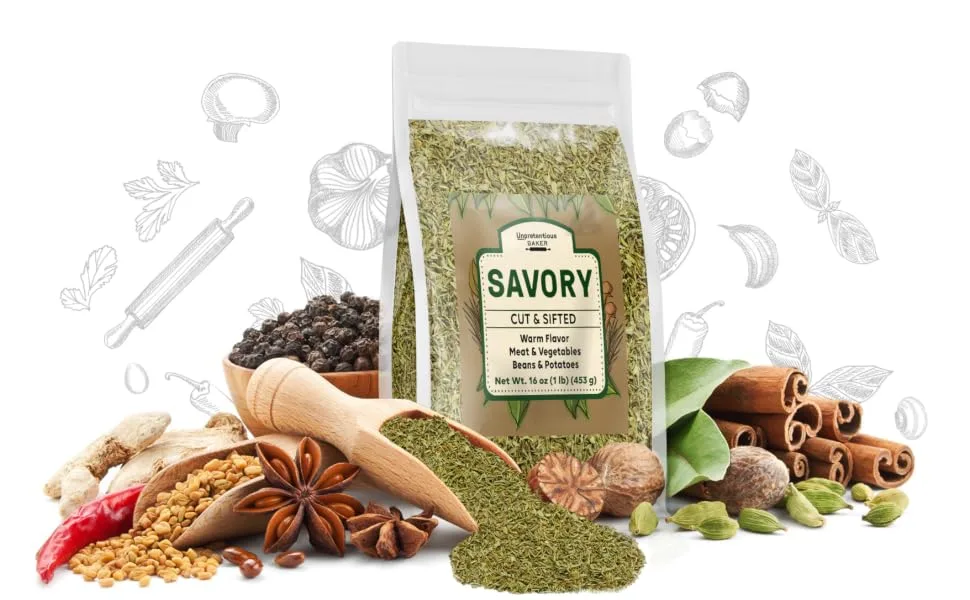 Savory By Unpretentious Baker, 1 lb, Cut & Sifted, Thyme-Like Flavor, Meat & Vegetables 1 Pound - product information 1