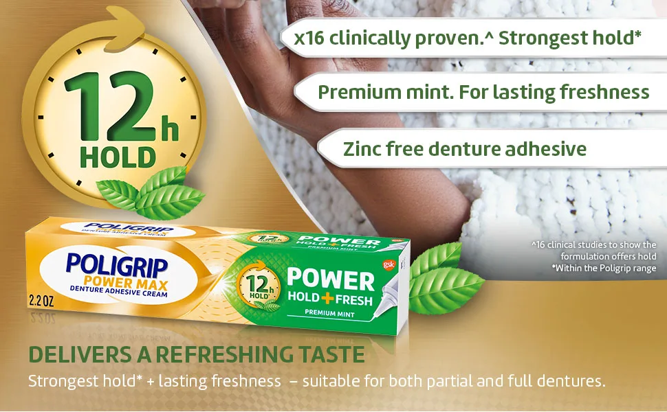 Super Poli-Grip Power Max Power Hold + Fresh Denture Cream, Premium Peppermint - 2.2 oz x 4 - Delivers a refreshing taste