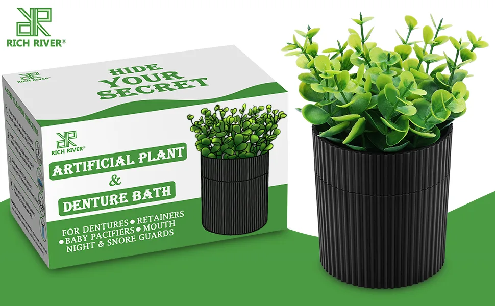 Denture Bath, Invisible Denture Case Designed As Artificial Eucalyptus Potted Plants, Denture Cup With Strainer For Retainer, Mouth Guard & Dentures, Perfect For Home Decoration BLACK - denture case