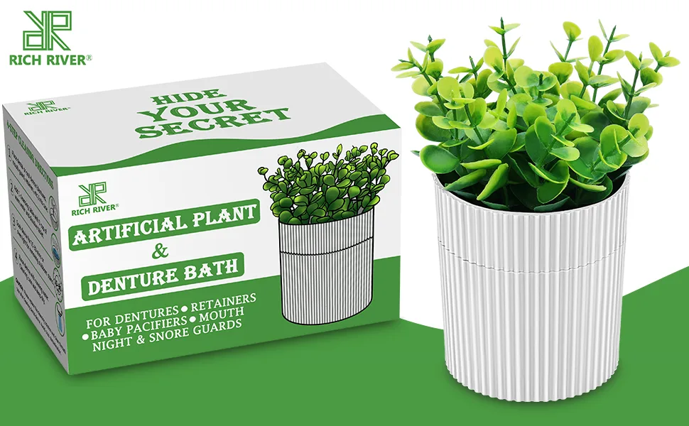 Denture Bath, Invisible Denture Case Designed As Artificial Eucalyptus Potted Plants, Denture Cup With Strainer For Retainer, Mouth Guard & Dentures, Perfect For Home Decoration WHITE - denture bath