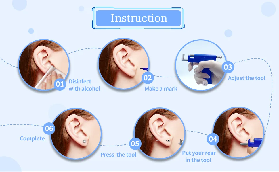 Ear Piercing Kit Professional Piercing Gun Reusable Body Nose Lip Earrings Piercing Tool Set with Stainless Steel Studs Silver Sticks for Salon Home Use - Piercing Instruction