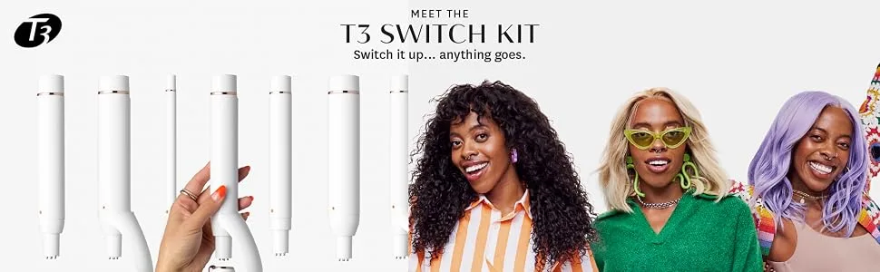 T3 Switch Kit Professional Ionic Interchangeable Curling Iron with 3 Ceramic Clip & Wand Long Barrels for Curling and Waving, 9 Adjustable Heat Settings & Ion Generator SWITCH KIT CURL TRIO - T3 Micro, Curling Iron, Switch Kit,