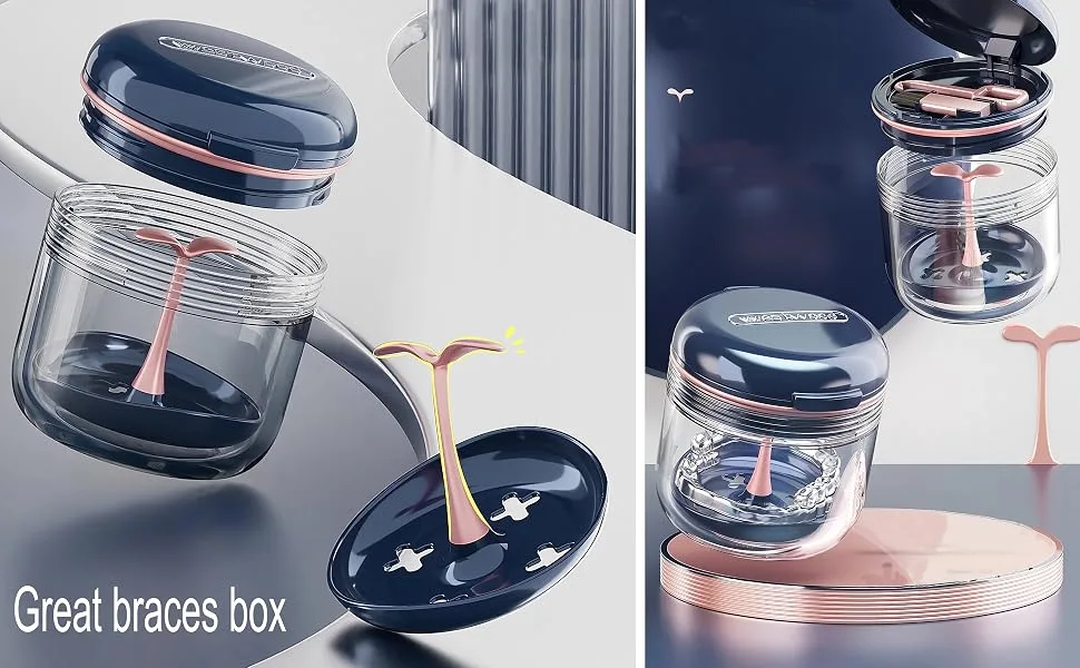 MURRI&MURRDI Retainer Case, Denture Bath Box with Strainer Basket, Mouth Guard Case, Braces Cleaner Cup, Cute Denture Holder Storage Soak Container for Travel Cleaning (Dark Blue) - MURRI&MURRDI Retainer Case