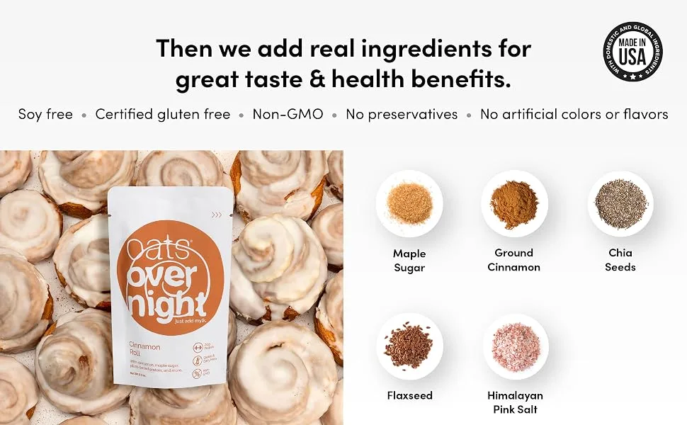 Oats Overnight - Cinnamon Roll - Vegan, 20g Protein, High Fiber Breakfast Shake - Gluten Free, Non GMO Oatmeal (2.3 oz per meal) (8 Pack) - product information 11