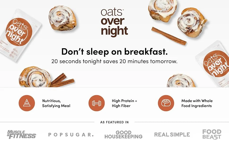 Oats Overnight - Cinnamon Roll - Vegan, 20g Protein, High Fiber Breakfast Shake - Gluten Free, Non GMO Oatmeal (2.3 oz per meal) (8 Pack) - product information 8