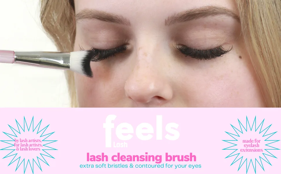Feels Lash Cleaning Brush Eyelash Extensions Shampoo Brush Soft Curved Fluffy Cleansing Single (1 Pack) - Girl using lash brush to clean her eyelashes