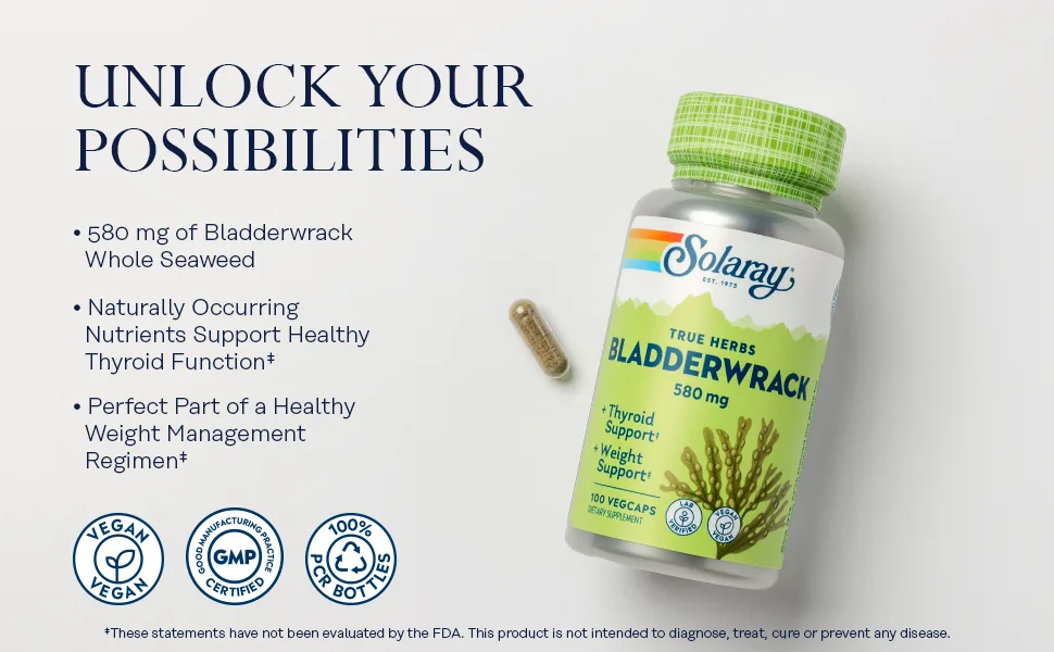 SOLARAY Bladderwrack Seaweed, Healthy Thyroid Balance and Weight Management Support, Vegan, 100 Servings, 100 VegCaps - Bladderwrack