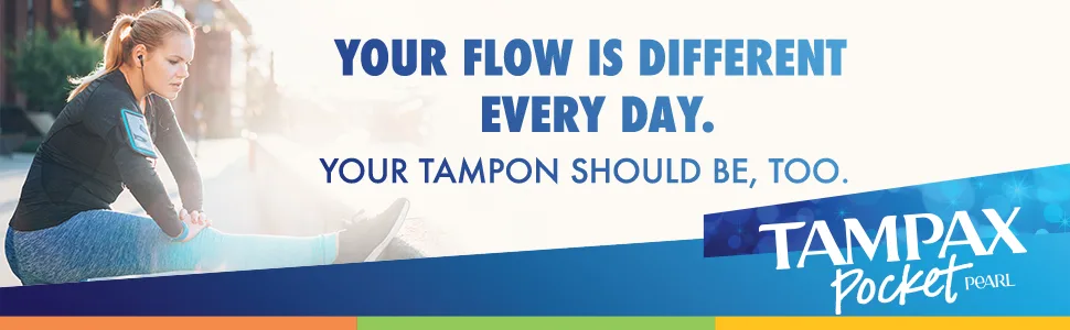 Tampax Pocket Pearl Plastic Tampons, Duopack (Regular/Super Absorbency), Unscented, 30 Count (Packaging May Vary) 30 Count (Pack of 1) Regular/Super Mutlipack - Woman stretching: your flow is different every day. Your tampon should be, too.