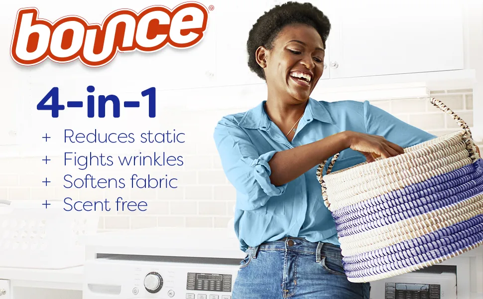 Bounce Dryer Sheets Laundry Fabric Softener, Free & Gentle, White 240 count - Bounce 4-in-1 Reduces static, Fights wrinkles, Softens fabric, Scent free