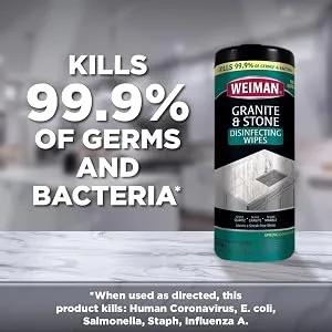 Weiman Granite Cleaner Wipes - 30 Count and Microfiber Cloth - Enhances Natural Color in Granite Quartz Marble Soap Stone Counter Top Floor - Packaging May Vary - 99.9