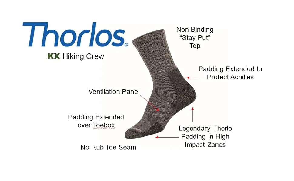 thorlos mens Kx Max Cushion Hiking Crew Socks Large Grey - KX Features