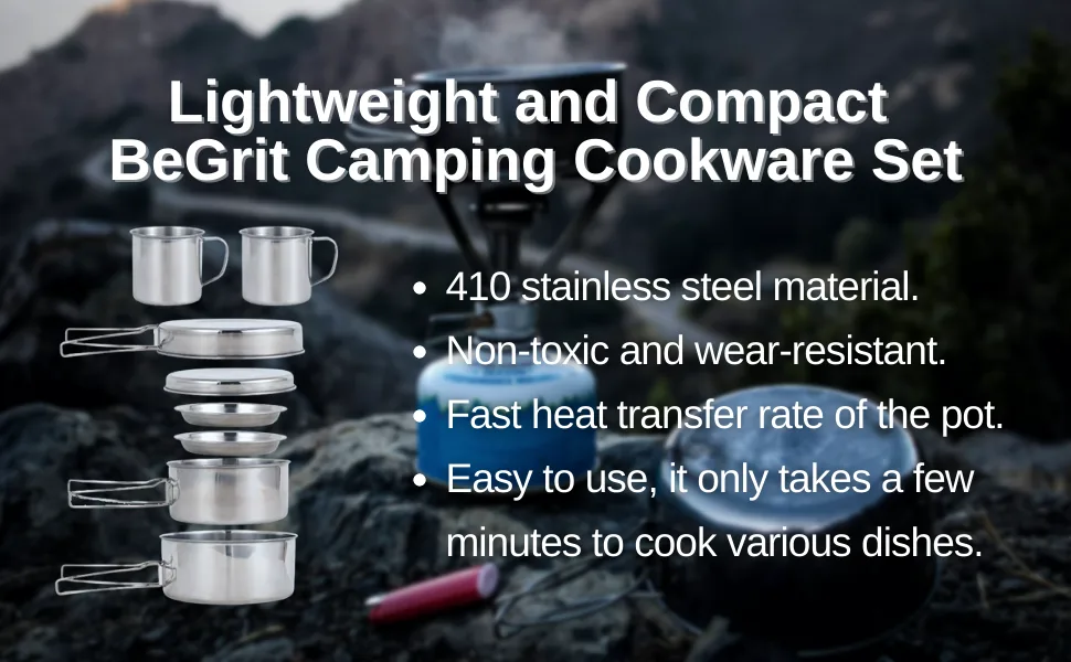 BeGrit Backpacking Camping Cookware Mini Picnic Camping Cooking Mess Kit with Pot and Pan Set for Hiking 8pcs - 8413