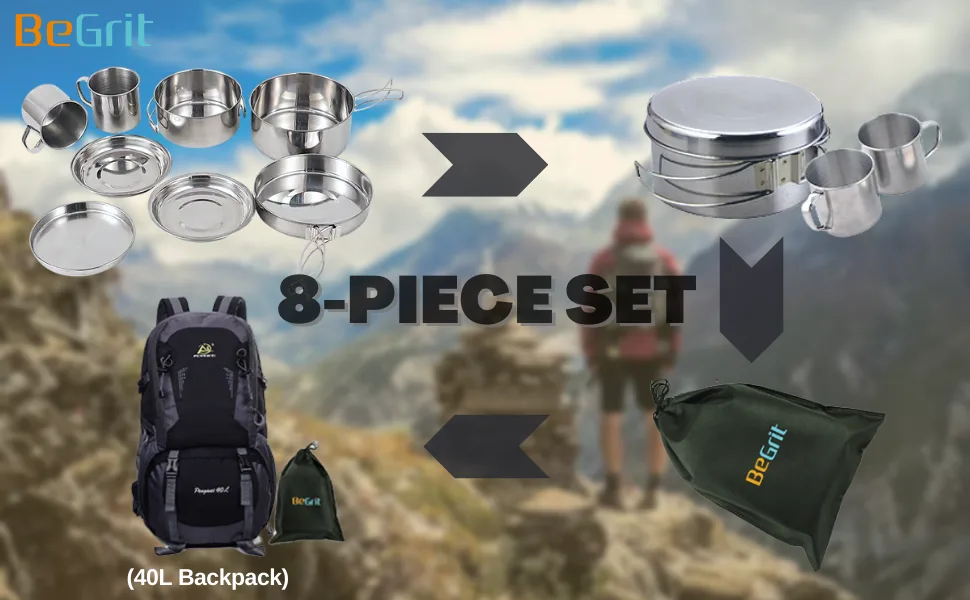 BeGrit Backpacking Camping Cookware Mini Picnic Camping Cooking Mess Kit with Pot and Pan Set for Hiking 8pcs - 8413