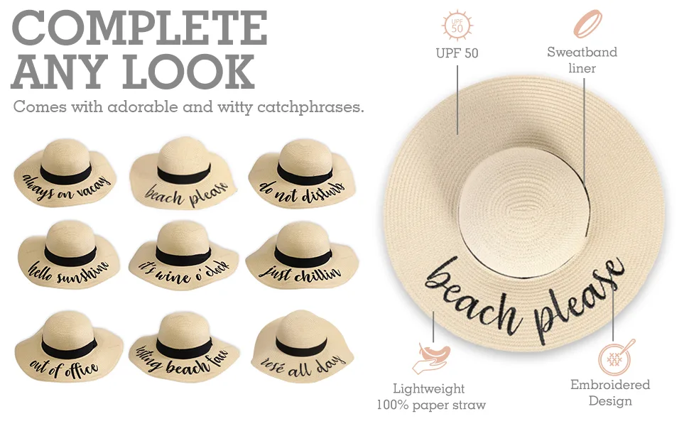 Floppy Beach Sun Hat for Women - Vacation, Honeymoon Embroidered Straw Hat - Big, Foldable, Large Brim Hello Sunshine - BB Embro Sunhat