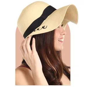 Floppy Beach Sun Hat for Women - Vacation, Honeymoon Embroidered Straw Hat - Big, Foldable, Large Brim Hello Sunshine - BB Embro Sunhat