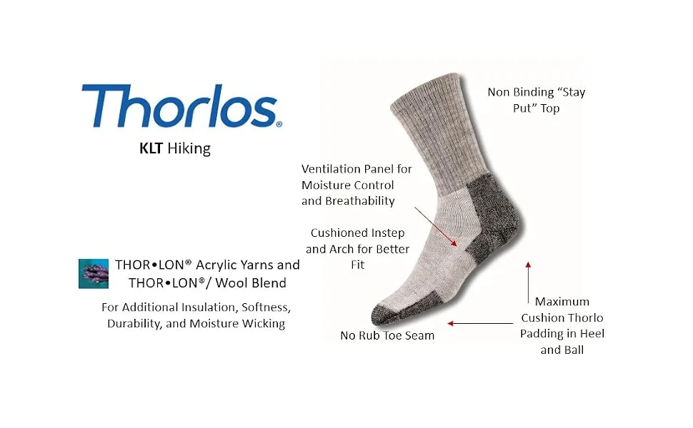thorlos mens Klt Max Cushion Hiking Crew Socks Large Grey - KLT Features