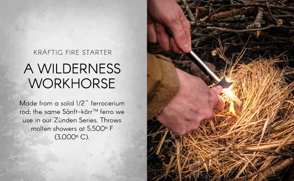 berleben Krftig Fire Starter - Round Solid Ferro Rod - 1/2" Thick Fire Steel - 20,000+ Strikes, Sparks Up to 5,500F/3000C - Survival Igniter with Shock-Cord Neck Lanyard & Multi-Tool Striker 8" - firecraft firestarter fire starter fire steel ferro rod flat pack