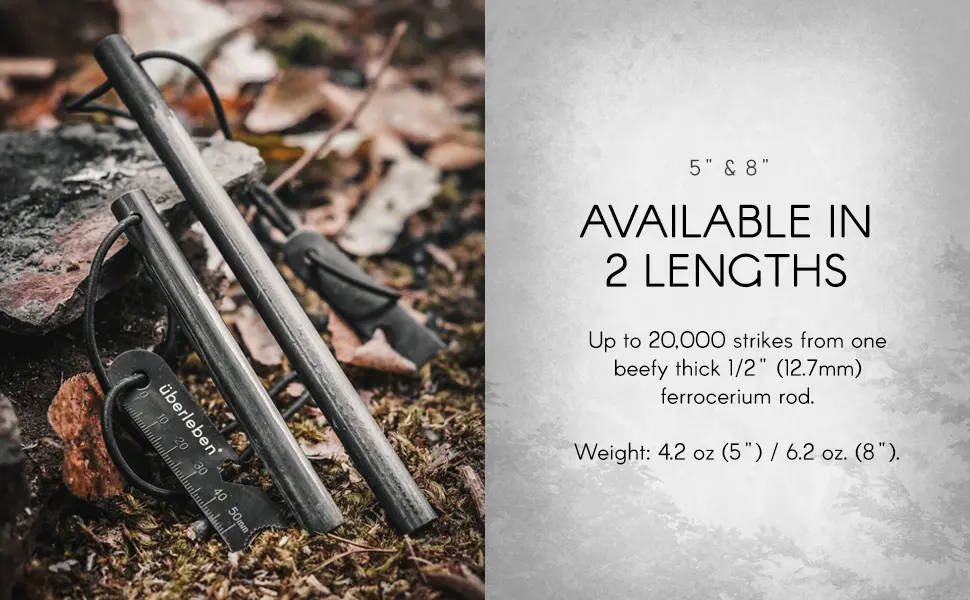berleben Krftig Fire Starter - Round Solid Ferro Rod - 1/2" Thick Fire Steel - 20,000+ Strikes, Sparks Up to 5,500F/3000C - Survival Igniter with Shock-Cord Neck Lanyard & Multi-Tool Striker 8" - firecraft firestarter fire starter fire steel ferro rod flat pack