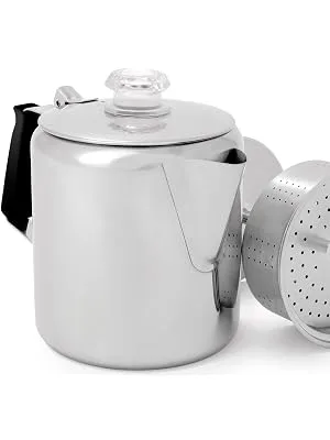 GSI Outdoors Percolator Coffee Pot I Glacier Stainless Steel with Silicone Handle for Camping, Backpacking, Travel, RV & Hunting - Stove Safe 3 cup - GSI Outdoors Stainless steel percolator