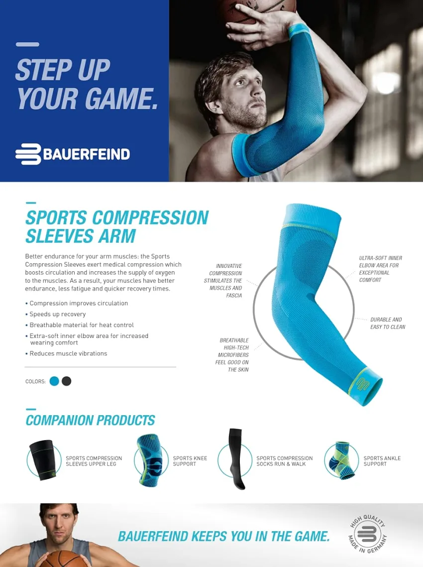 Bauerfeind Sports Compression Arm Sleeves - Gradient Compression Improves Oxygen/Blood Circulation - 1 Pair Large/Long Black - product information 1
