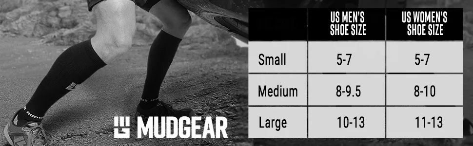 MudGear Premium Compression Socks - OCR Socks, Compression Socks for Women, Compression Socks for Men, Trail Running Socks Black/Gray Large - Sock Size Chart