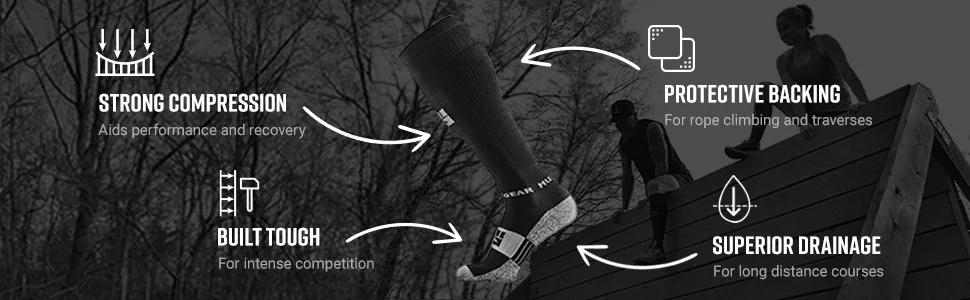 MudGear Premium Compression Socks - OCR Socks, Compression Socks for Women, Compression Socks for Men, Trail Running Socks Black/Gray Large - Tall Comp Black/Gray