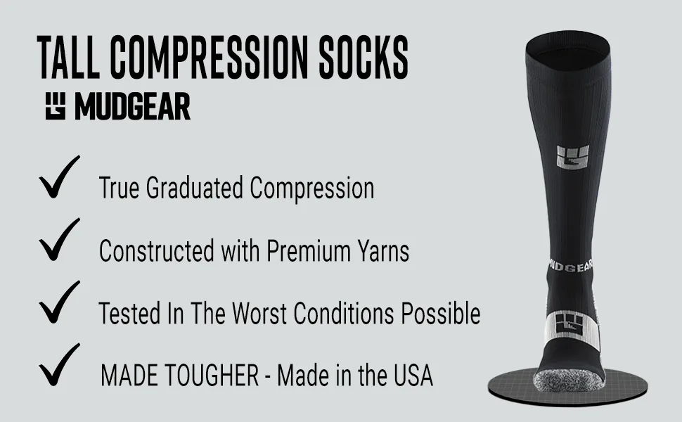 MudGear Premium Compression Socks - OCR Socks, Compression Socks for Women, Compression Socks for Men, Trail Running Socks Black/Gray Large - Tall Comp Black/Gray