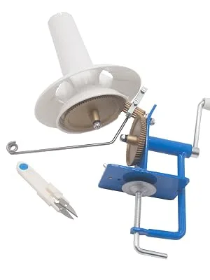 LAMXD Needlecraft Large Jumbo Metal Yarn/Wool/String/Fiber Ball Winder Hand Operated,10-Ounce,with Thread Cutter Scissors, Blue and White - Intimate packaging box and instructions