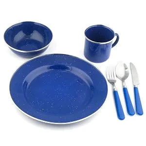 STANSPORT - Deluxe 24-Piece Enamel Tableware Set: Plates, Bowls, Mugs & Utensils Blue - product information 3